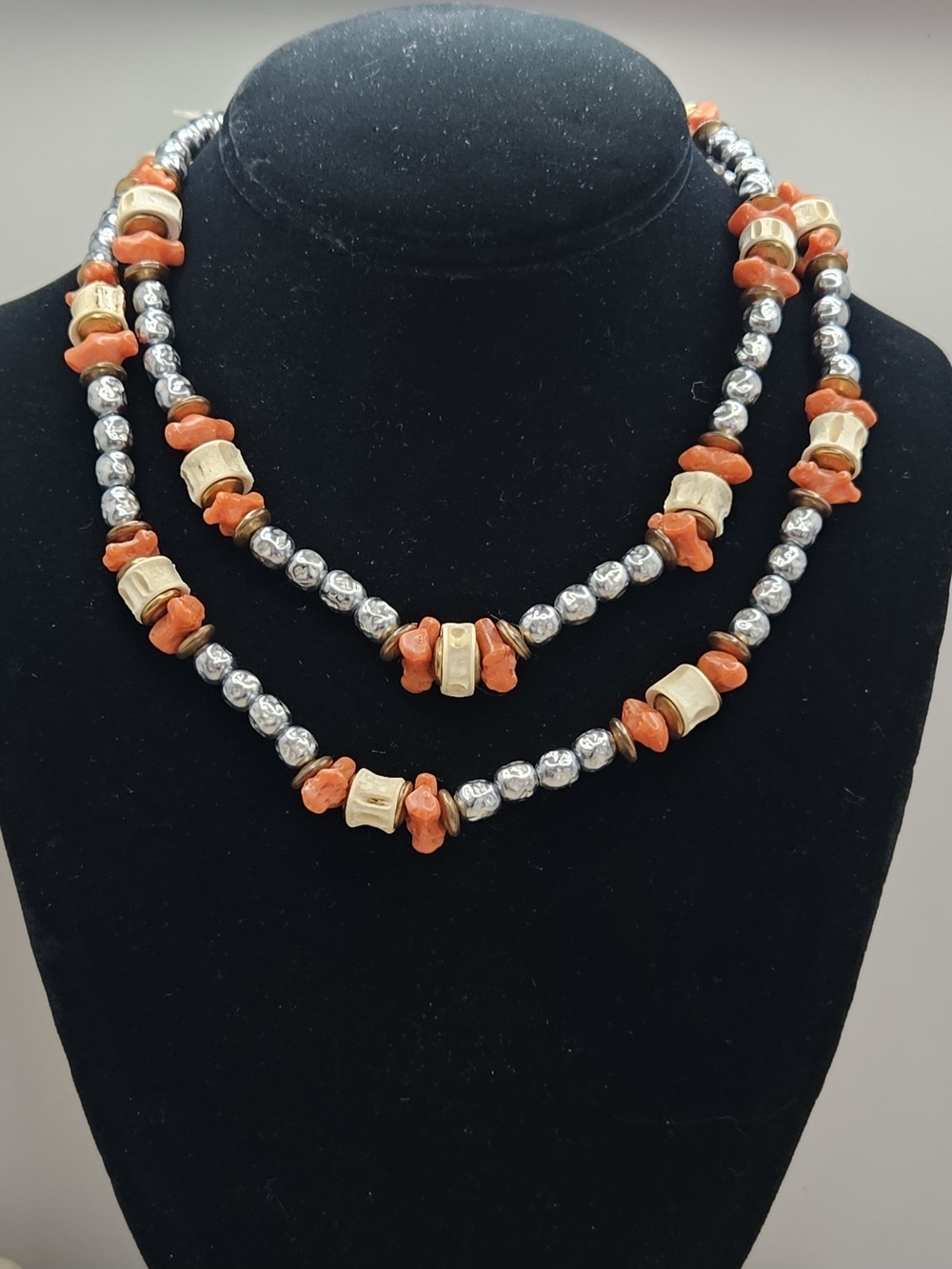 Vintage Miriam Haskell Freshwater  Pearl, Coral And Bone Necklace, 34" Long